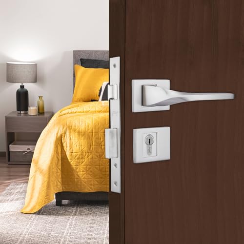 Image of Godrej Mortise Lock|Handle Lock Set for Main & Bedroom Door|Twist Rossette Home Decor Handle|Satin Steel Finish|9 Ih Lockbody|60 mm 1CK Cylinder - Knob from Inside & 4 Keys| 5 Years Warranty
