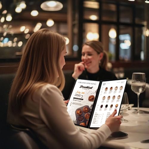25 pack goodsmart cafe style restaurant menu cover side-loading double stitched edge menu sleeve crystal clear vinyl menu holder with gold decorative corners black 2 pages  4 views - 853939 x 113939