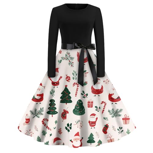 SCBFDI Weihnachtskleid Damen Große Größen, Nikolaus Kostüm Damen, Kleid Plus Size Xmas Schöne Longsleeve Abendessen mit Gürtel Tailliertes...