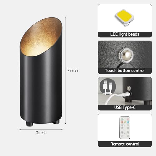 Powfloven 2 Pack Wireless Battery Operated Spotlights Indoor with Remote, Mini Black Cordless Rechargeable Floor Can Lights, Small Dimmable Timer LED Accent Uplight for Corner Home Plant Artwork