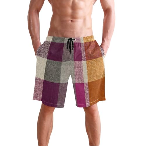 Men's Swim Trunks Orange Plaid Print, Quick Dry Beach Board Shorts with Lining-S