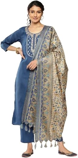 Varanga Women Straight fit Embroiderd Yoke Blue Kurta with Side Slit Styled with a Matching Bottom and Printed Bhagalpuri ...