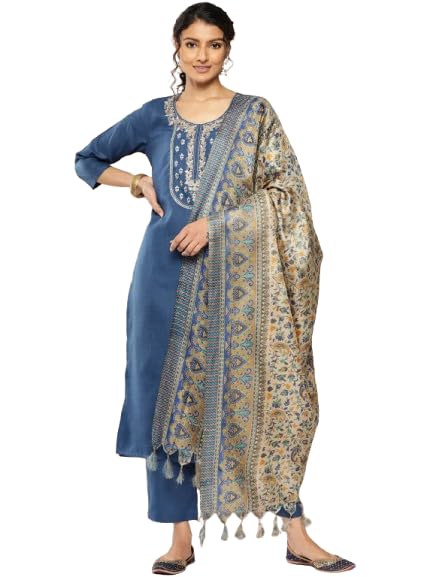 Image of Varanga Women Straight fit Embroiderd Yoke Blue Kurta with Side Slit Styled with a Matching Bottom and Printed Bhagalpuri Dupatta Perfect for Casual wear.
