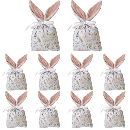 Bolsas de caramelos de conejo de Pascua – Regalo de franela con cordón | Golosinas y regalos de | Bonito diseño de orejas de Pascua | Embalaje seguro reutilizable para vacaciones y reuniones