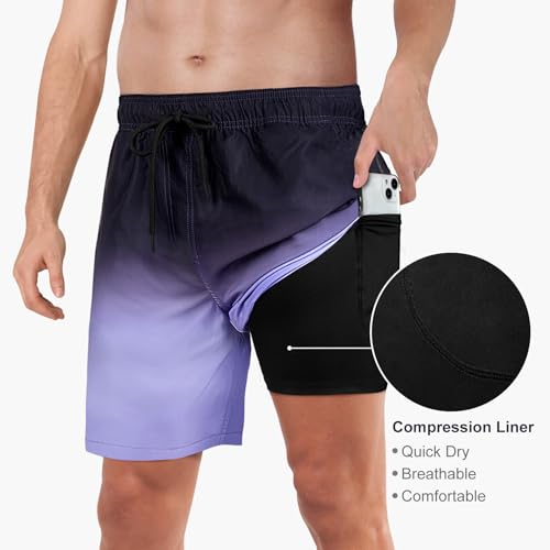 Image of Mens Swim Trunks with Compression Liner 2 in 1 Quick Dry Swimming Shorts Swimwear Bathing Suits with Pockets