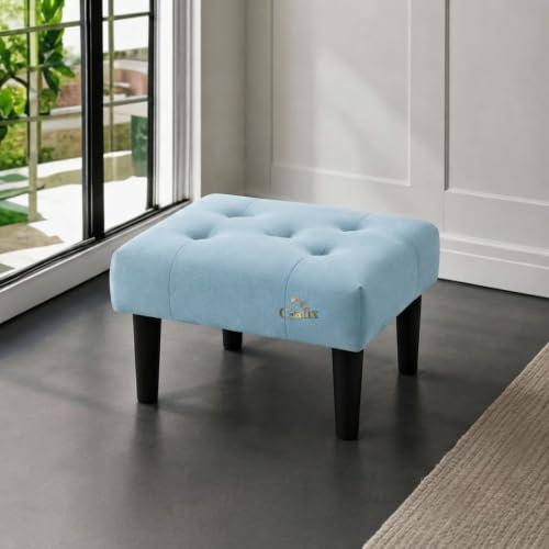 Image of Upholstered Foot Rest Ottoman Stool with Wooden Legs, Tufted Footstool for Living Room, Bedroom, Makeup Vanity, Entryway, Comfortable Footrest Bench, Modern Accent Ottoman (Sky)