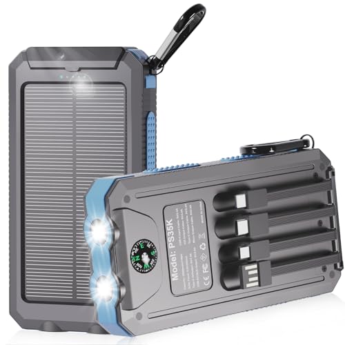 Solar Power Bank 20000mAh, Solar Charger Portable Phone Charger with 4 Built-in Cables, USB-C Fast Charging, Waterproof Battery Pack with Dual Flashlight for Camping Hiking Travel Storm Emergency