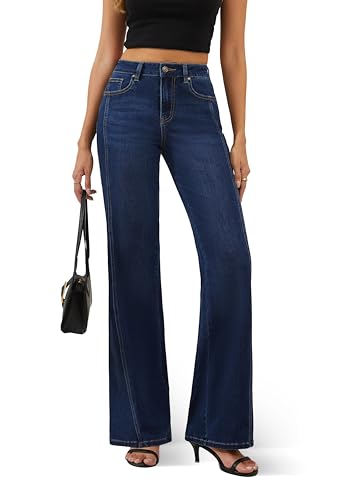 FLYING BANANA Women's Wide Leg Jeans High Waisted Strechy Raw Hem Diagonal Slit Jeans