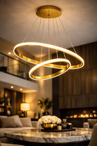 Image of Sinoman Modern Gold Double Ring LED Chandelier Light, Luxury Circular Ceiling Hanging Light Fixture, Adjustable Suspension, 3 in 1 color changing Built-in LED Pendant Lamp for Living Room, Dining Room