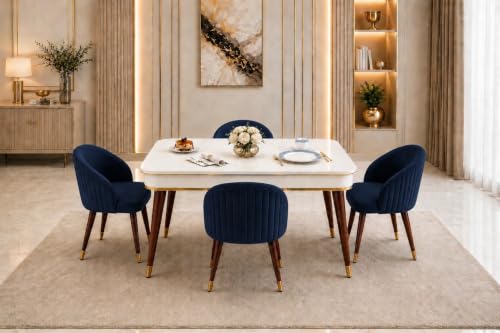 Image of WOODEN SPACE 4 Seater Wooden Dining Table Set | Urban Marble Top Dining Table with Chairs for Dining Room & Kitchen (Majestic Classic Backline Navy Blue) (42 x 42 x 30 inch)