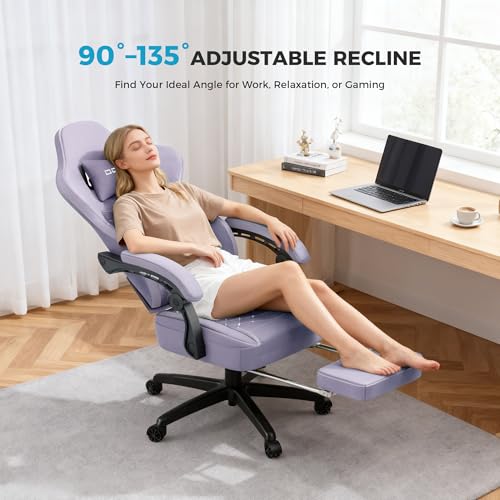 Sedia da gioco in tessuto, con cuscino a molle insacchettate, massaggiatore per gaming, con poggiatesta, ergonomica, da corsa, con poggiapiedi (viola) - Sedia gaming - Immagine 6