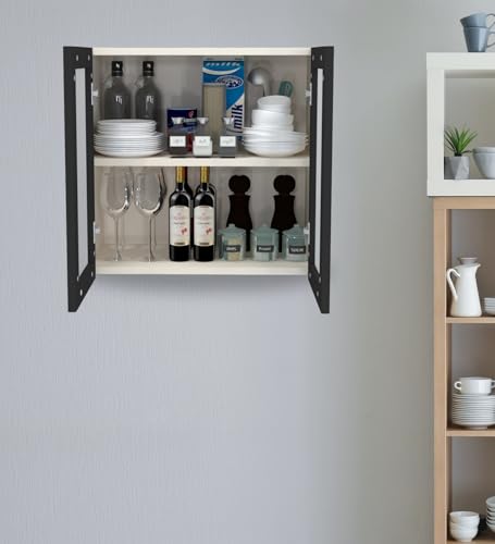 Image of SPECIALITY PANELS Aluminium Black Profile 2 Door Wall Cabinet | Fluted Glass Handless Shutters | Wall Mounted Kitchen Storage Cupboard | Space Saving Multipurpose Storage Unit | DIY Assembly