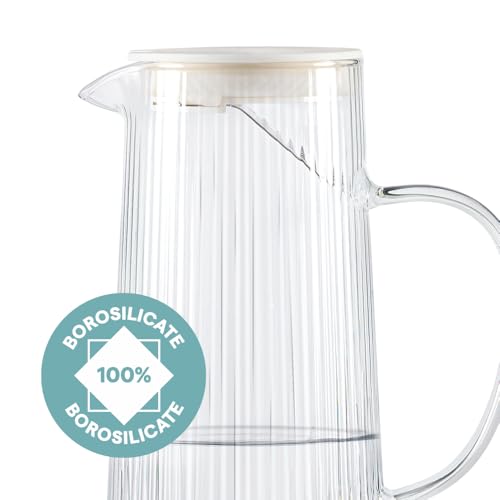 Image of Borosil 1.35 L Breeze Glass Jug with Acacia Wood Lid | Borosilicate Glass Water & Juice Pitcher | Refrigerator Safe | Elegant Serving Jug for Home & Dining