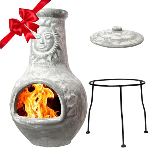 Wiosi Medium Chiminea Outdoor Fireplace Grey Clay Chimineas with Chimney Rain Lids and Solid Metal Stands - Grey Terracotta Chimenea - Rustic Fire Pit Chimnea 16 x 16 x 32-inch