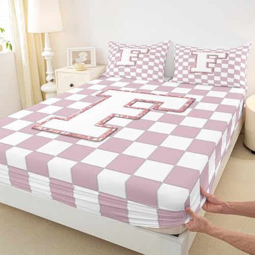 Image of Erosebridal Pink Initial F Sheet Set Full Kawaii Plaid Checkered Bed Sheets Cute Personalized Monogram Bedding for Kids Girls Teen Women,Fashion Grids Gingham Bed Sheets Set 4 Piece
