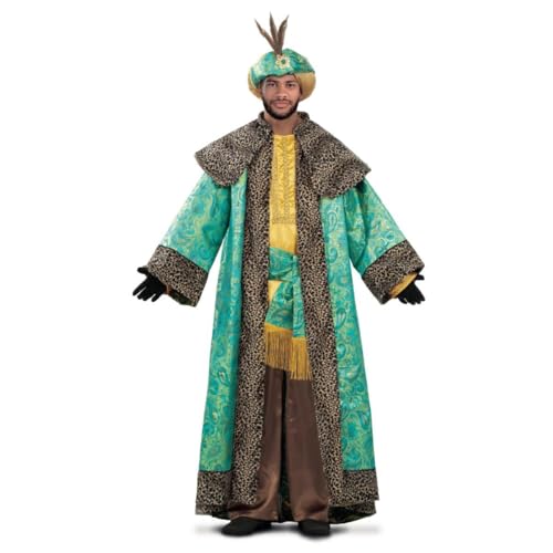 My Other Me - Disfarce adulto de rei feiticeiro Baltasar com túnica, gorro, cinto e camisa em verde e castanho tamanho ML reviva a majestade dos Reis Magos.