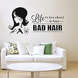 UILMNIY Hair Beauty Salon Wall Decal Vinyl Haircut Hairdressing Decor Sticker for Barber Shop Art Quotes Life is Too Short to Have Bad Hair Removable Hairstyle Wall Stickers Wallpaper AFN15 (Black)