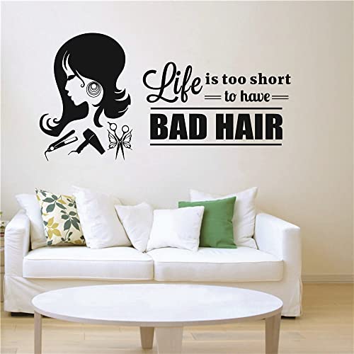 Uilmniy Hair Beauty Salon Wall Decal Vinyl Haircut Hairdressing Decor Sticker For Barber Shop Art Quotes Life Is Too Short To Have Bad Hair Removable Hairstyle Wall Stickers Wallpaper Afn15 (Black) #TOP4
