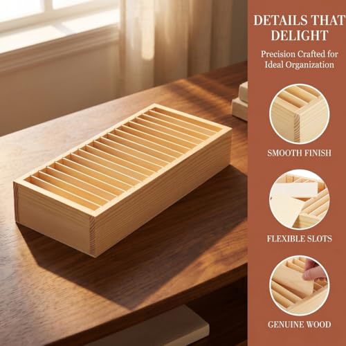 Caja de almacenamiento de tarjetas y soporte de madera para oficina y hogar 6