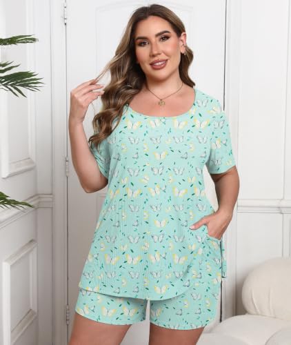 Image of Womens Plus Size Pajama Sets 2 Piece Summer Outfits Short Sleeve Tops Shorts with Pockets for Lounge Sleepwear
