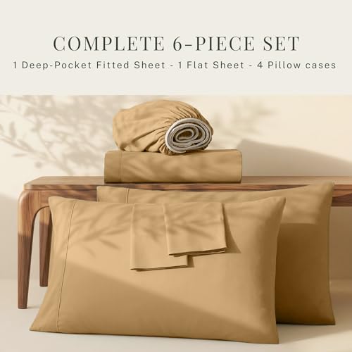 Image of Hearth & Harbor Extra Deep Pocket Queen Sheets Sets - Fits Mattress 18-24 Inches Deep - Extra Deep Pocket Sheets - 6 Piece Queen Size - Camel