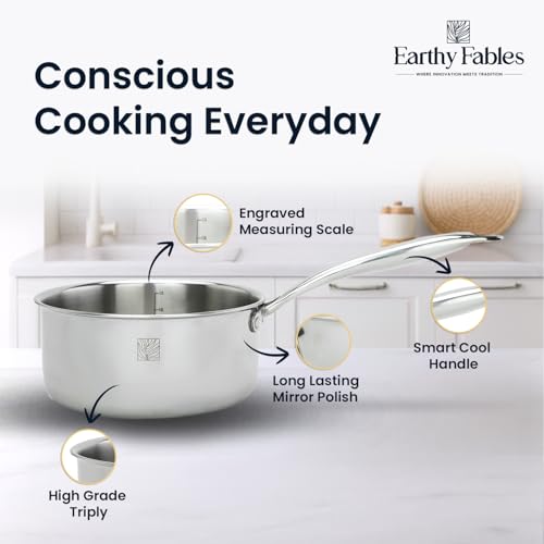 Image of Earthy Fables Triply Stainless Steel Saucepan, Milk Pan /Tea Pan /Chai Pan, 18cm, 2.2Ltr, 1kg, Food Safe, No Chemical Coating, Easy to Clean & Rust Resistant, Stove & Induction Bottom