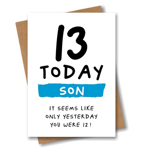 Divertente biglietto di auguri per il 13° compleanno del figlio, sarcastico, con messaggio sfacciato