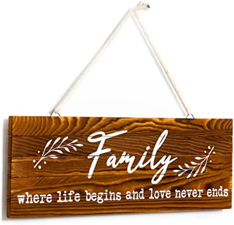 Family Sign 6x17 inch | Family Where Life Begins And Love Never Ends | Rustic Wood Home Sign for Home Living Dining Room Decor | Family Wall Decor Sign | Farmhouse Family Decorative Sign with Inspirational Quotes