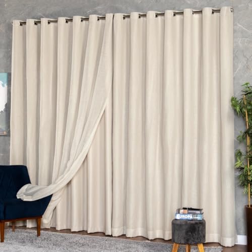 Cortina Gaze de Linho com Blackout em Tecido 4,00 x 2,60 para Sala ou Quarto de Luxo Elegante (Palha