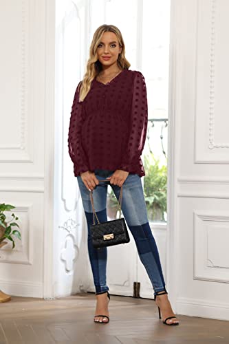 Maternity Boho Shirts Tops Casual Solid Color Chiffon V Neck Long Sleeve Tops Wine M #TOP2
