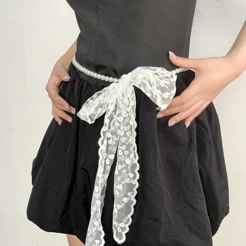 Scarf Pearl Waist Chain Belt for Women,Lace Pearl Body Chain Necktie Neck Scarf2