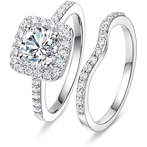 MDFUN 18K White Gold Plated 2-in-1 Halo CZ Engagement Wedding Rings Women
