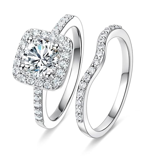 MDFUN 18K White Gold Plated Cubic Zirconia Two-In-One Halo Wedding Engagement Promise Eternity Ring...