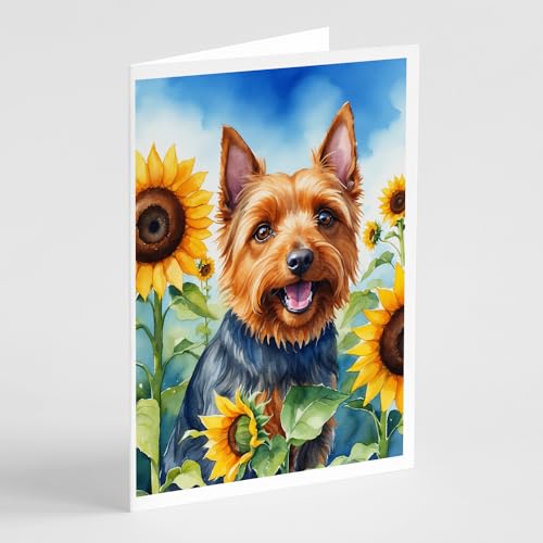 Caroline's Treasures Australian Terrier in Sunflowers Greeting Cards Pack of 8 Blank Cards with Envelopes Whimsical A7 Size 5x7 Blank Note Cards