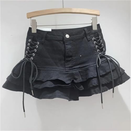 Women’S Denim Skirts with Solid Color Bandage Pleated Edge A-Line High Waist Slim Short Skirt3