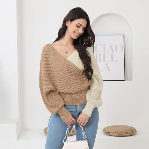 Image of Women's Wrap V Neck Knit Sweaters Batwing Long Sleeve Cross Front Drop Shoulder Fall Pullover Tops