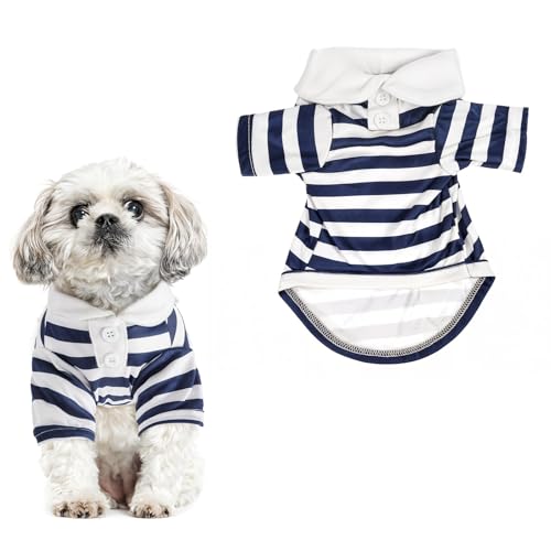 Heclia Striped Polo Shirt for Small Dogs, Cut Dog Clothes, Soft Summer Fall Pet Outfit for Puppies and Cats, Black White Button Up Shirt for Boy and Girl Dogs