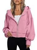 Trendy Queen Hoodies for Women Full Zip Up Cropped Sweatshirts Jackets Casual Comfy Gym Tops Fall Outfits Winter Clothes 2025 Cute Y2k Fleece Sweaters Teen Girls Pullover Pink L