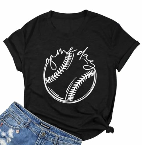 ALLTB Baseball Shirt Women Baseball Mom Shirts Funny Game Day Baseball Graphic Tee Tops Casual Ball Short Sleeve Tee Top Black