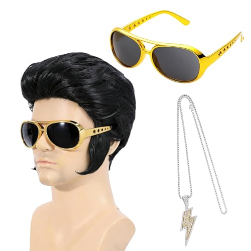 3 Pcs Set 50S Rock Legend Wig Accessories Including Sunglasses Necklace Mens Rock Singer Costume 50 60 70S Style Disco Party Halloween Cosplay