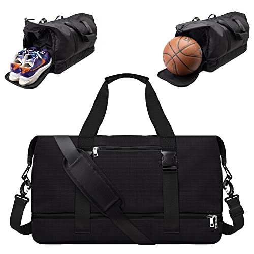 TITSHOP Sporttasche Reisetasche Herren Damen Strandtasche mit Schuhfach und nassfach für Wochenendtrip Picknick Sport Gym Fußballtasche Trainingstasche Badeausflüge, 55L Schwarz