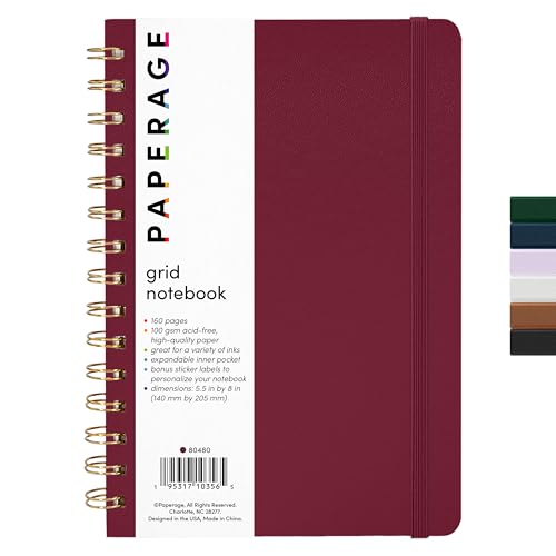 PAPERAGE Graph Paper Spiral Notebook & Journal, (Burgundy), 160 Pages, Medium 5.5 inches x 8 inches - 100 GSM Thick Graphing Paper, Hardcover, Double-Wire Grid Spiral Notebook