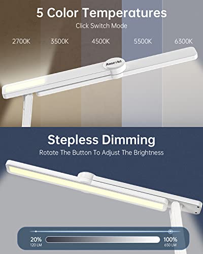 Led Desk Lamp With Wireless Charger - 24W Desk Lamp With Usb Charging Port, Led Desk Light With Ambient Light, Study Lamp For Desk, Touch Control Office Light, Desk Lamp For College Dorm Room, White #TOP2
