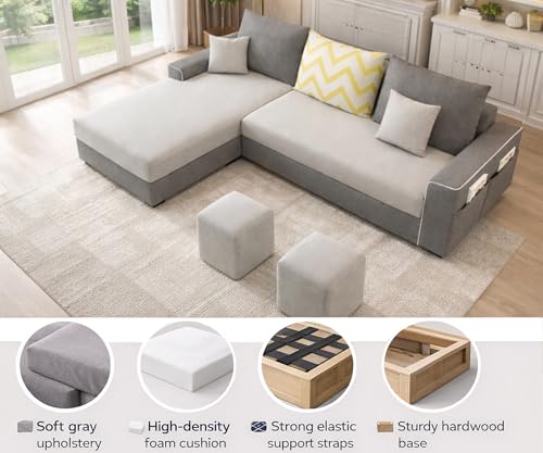 Image of Casaliving Afie LHS 4 Seater L-Shape Sofa Set with 2 Puffy for Living Room (Grey & Dark Grey Colour) Premium Fabric Sofa Set for Living Room