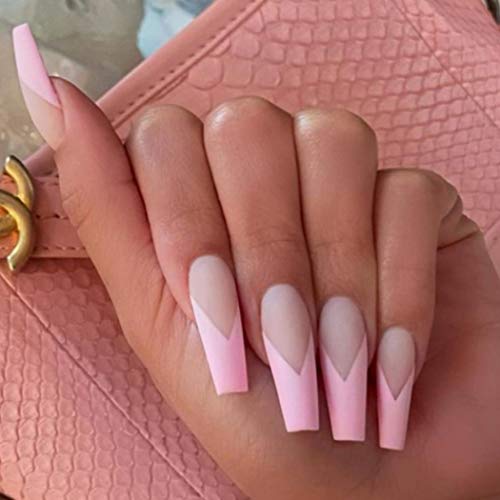 Acedre Coffin Press on Nails Pink False Nails Long Fake Nails Matte Faux Nails Art for Women and Girls (24 PCS)