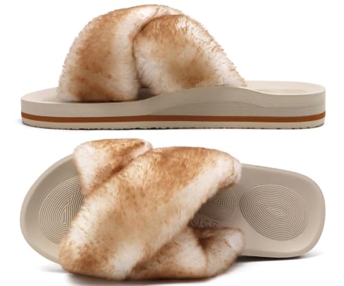 Image of COFACE Womens Fuzzy Slides Fluff Faux Fur Cross Slippers Open Toe Yoga Mat House Slipper Sandals With Arch Support For Indoor /Outdoor