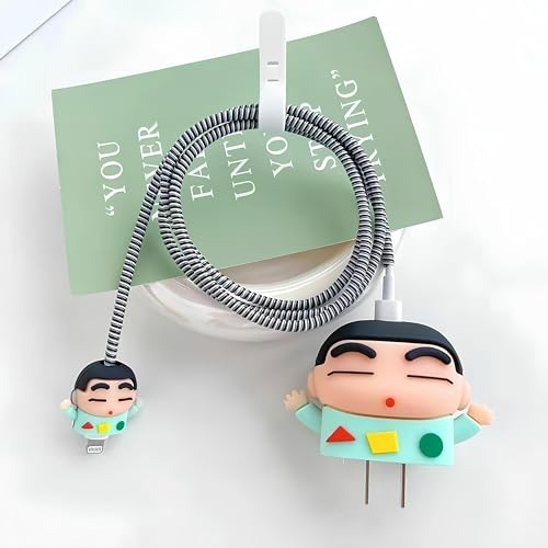 Image of Skysia Charger Protector & Cable Saver for iPhone 18W 20W - 3D Shinchan Design, 4-in-1 Full Protection Cover with Wire Guard & Data Line Protector (Multicolored)