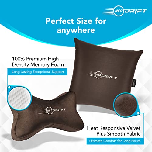 Image of Neodrift 'Neo-Kit Combo' - (Colour - Coffee)(2 Neck Cushions, 2 Square Pillows) | Neck & Back Rest Support Cushion Memory Foam Pillow for Neck, Head, Shoulder & Back Pain-Relief for Car Seat