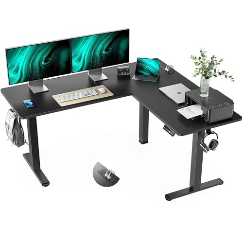 Marsail Standing Desk Adjustable Height with 4-in 1 Electical Outlet, L Shaped Electric Standing Desk with Headphone Hook, Stand up Table for Home Office Sturdy Writing Workstation,Dark