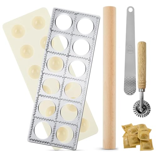 VELAJA Ravioli-Maker Set 12-fach Ravioli-Former aus Aluminium mit Teigrad-Schneider und Holz-Nudelholz Komplettes 5-teiliges Pasta-Werkzeug-Set für Ravioli Teigtaschen und Kekse